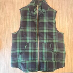 Mud Pie Plaid Puffer Vest Green Navy Blue Quilted Zip Front Pockets Women's Med